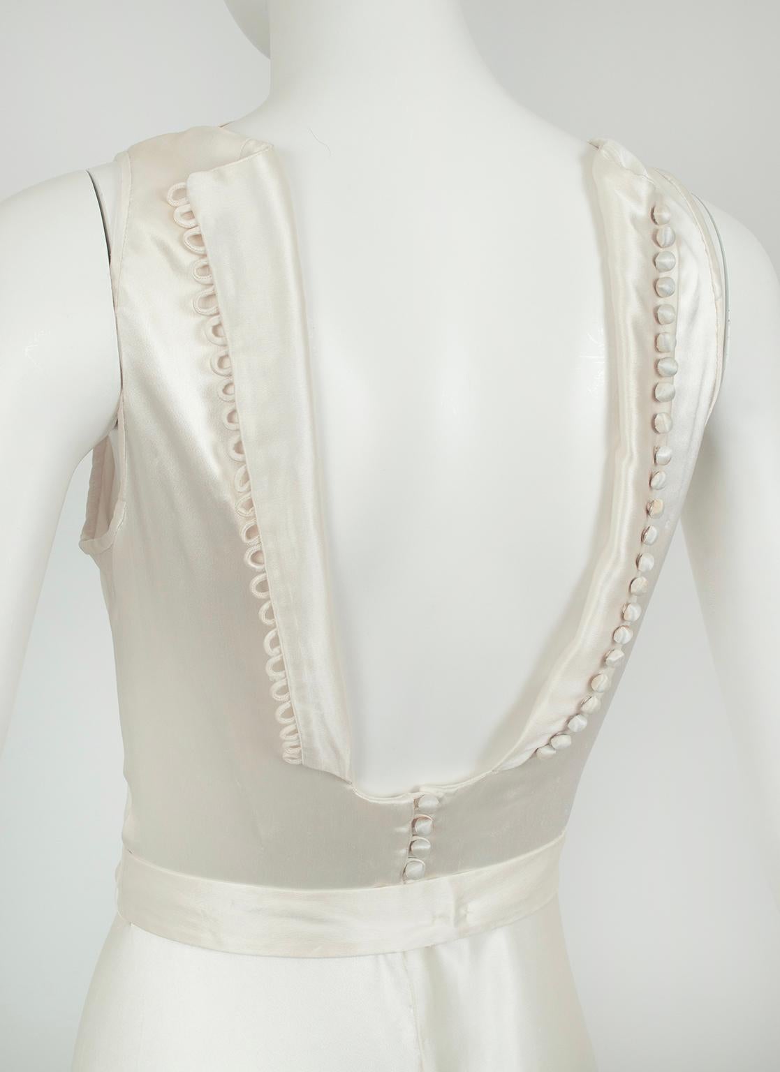 Deco Ivory Sleeveless Cowl Wedding Gown with Plunge Tuxedo Back – XXS, 1930s 6