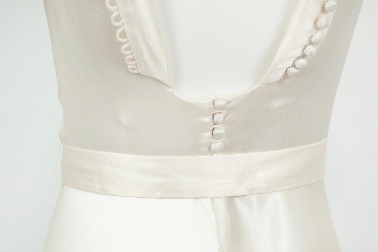 Deco Ivory Sleeveless Cowl Wedding Gown with Plunge Tuxedo Back – XXS, 1930s 8