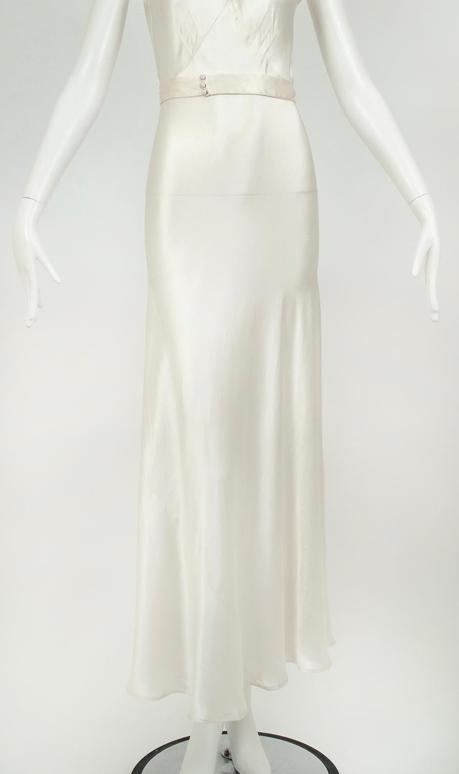 Deco Ivory Sleeveless Cowl Wedding Gown with Plunge Tuxedo Back – XXS, 1930s 9