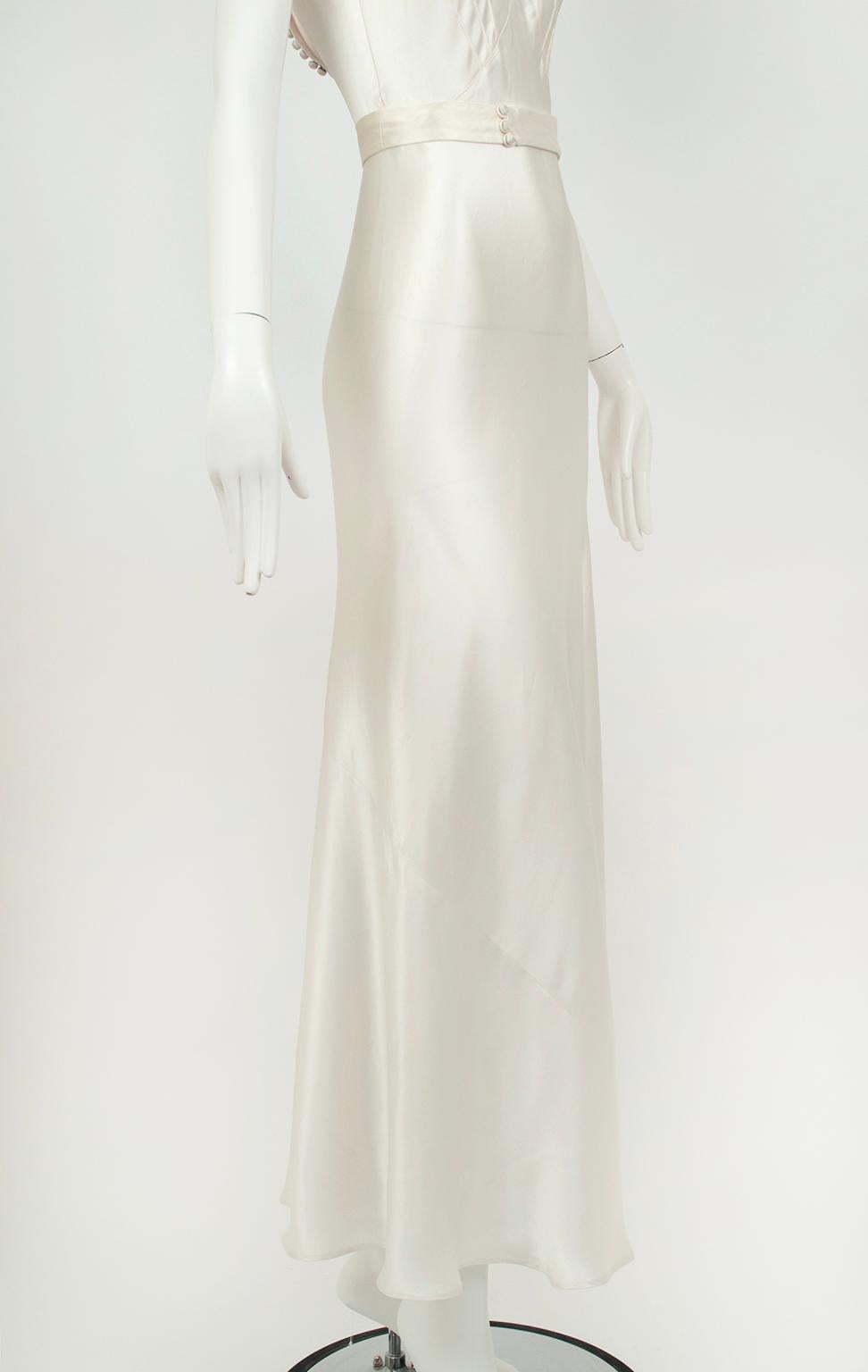 Deco Ivory Sleeveless Cowl Wedding Gown with Plunge Tuxedo Back – XXS, 1930s 10