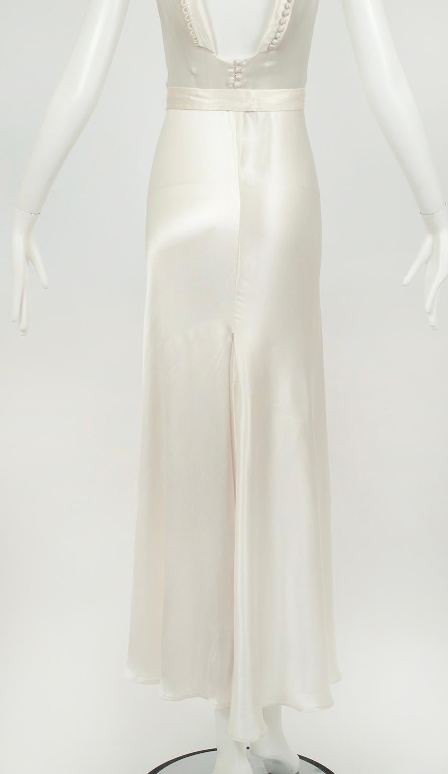 Deco Ivory Sleeveless Cowl Wedding Gown with Plunge Tuxedo Back – XXS, 1930s 11
