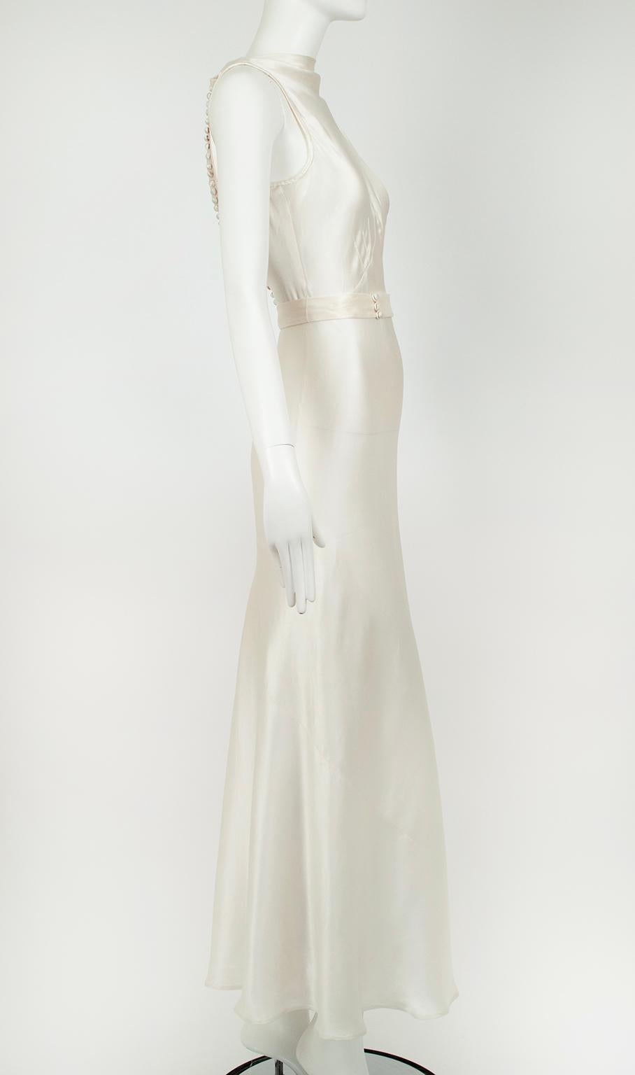 Deco Ivory Sleeveless Cowl Wedding Gown with Plunge Tuxedo Back – XXS, 1930s In Good Condition In Tucson, AZ
