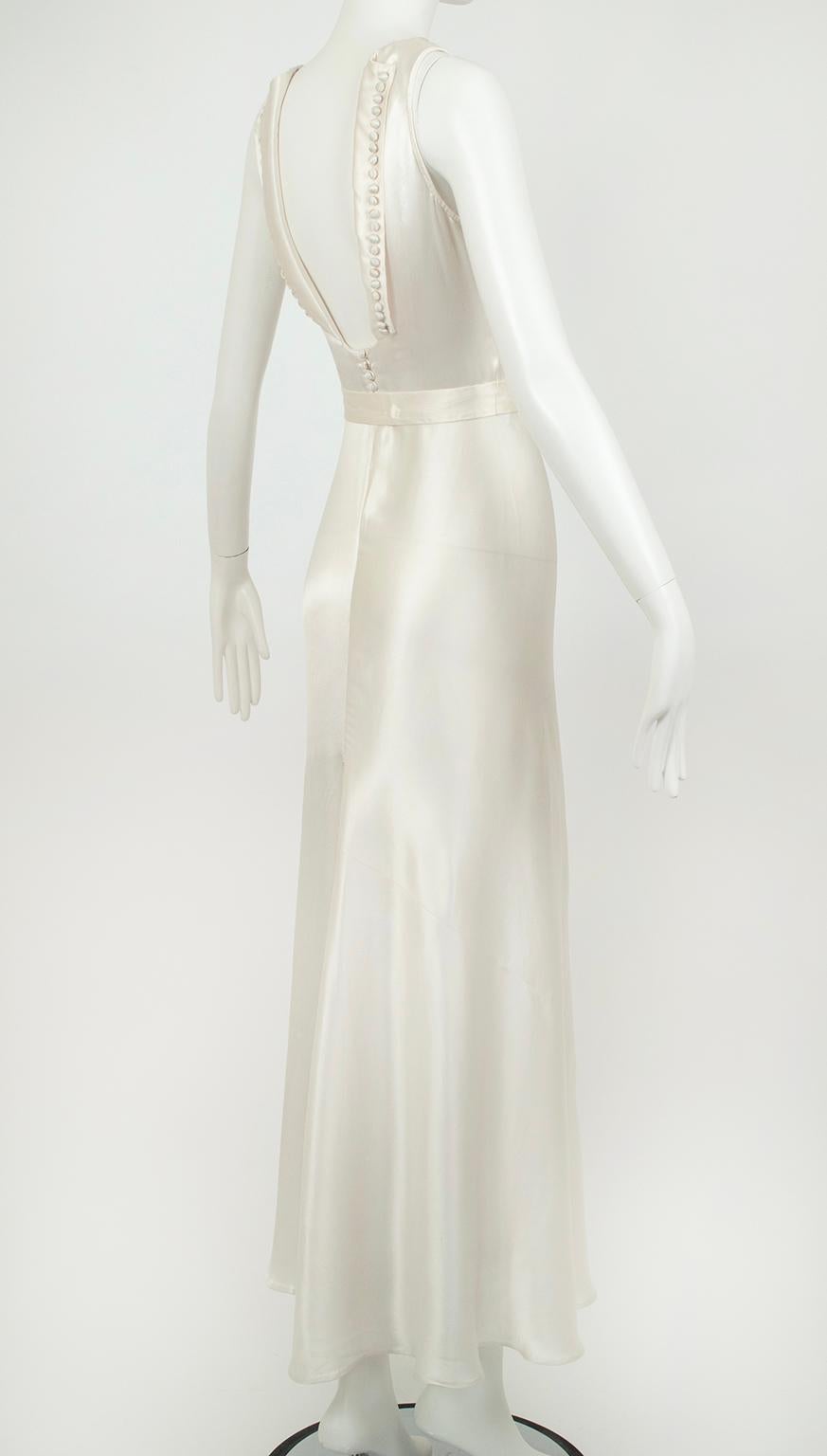 Women's Deco Ivory Sleeveless Cowl Wedding Gown with Plunge Tuxedo Back – XXS, 1930s