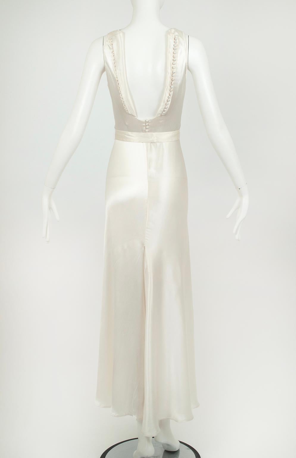 Deco Ivory Sleeveless Cowl Wedding Gown with Plunge Tuxedo Back – XXS, 1930s 1