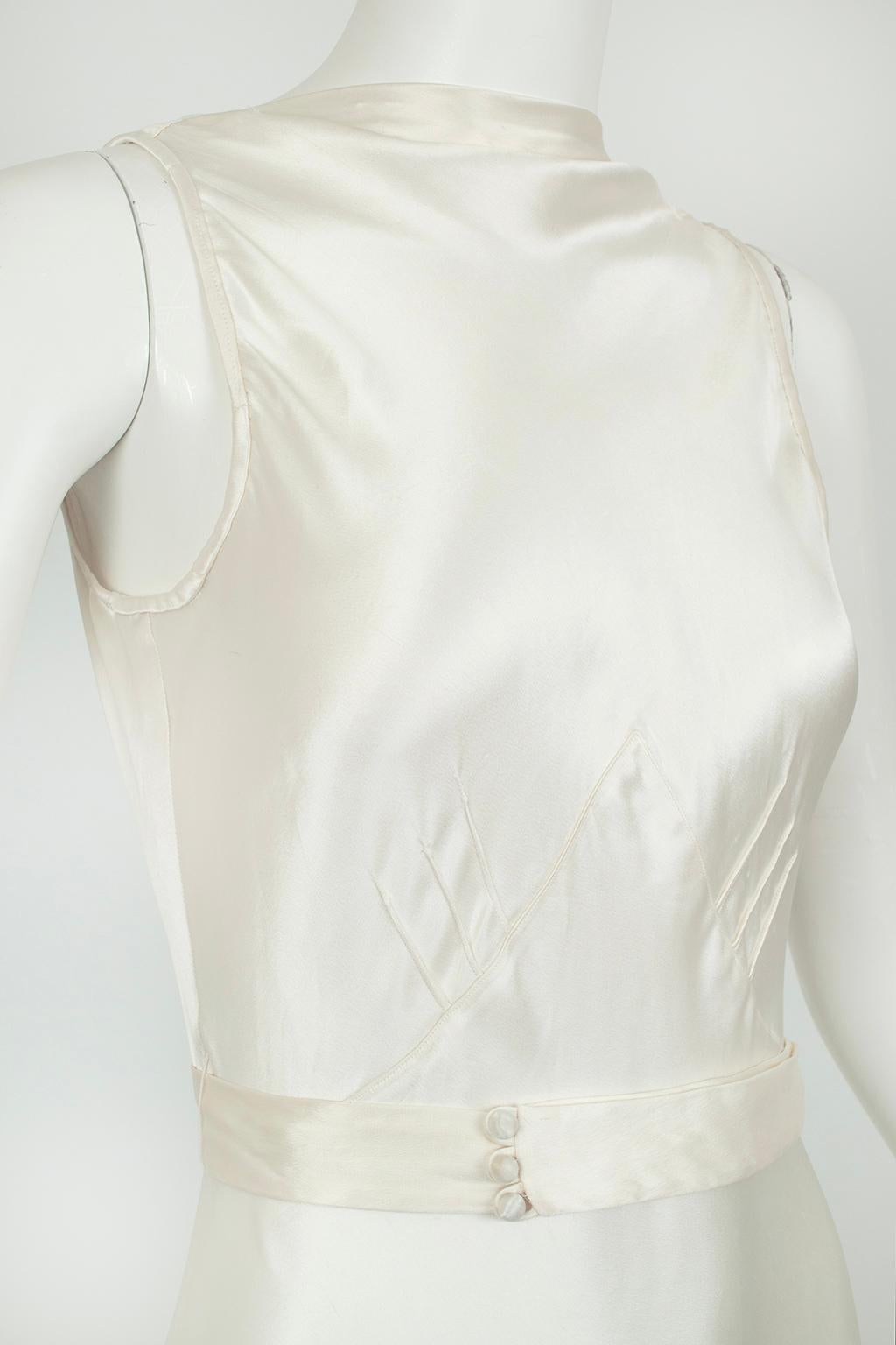 Deco Ivory Sleeveless Cowl Wedding Gown with Plunge Tuxedo Back – XXS, 1930s 2