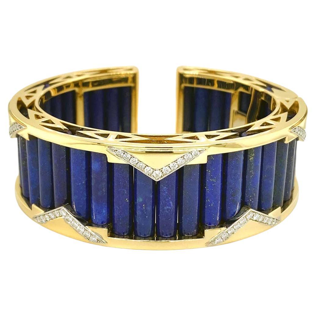 18K Yellow Gold Deco Lapis Lazuli Diamond Cuff Bracelet