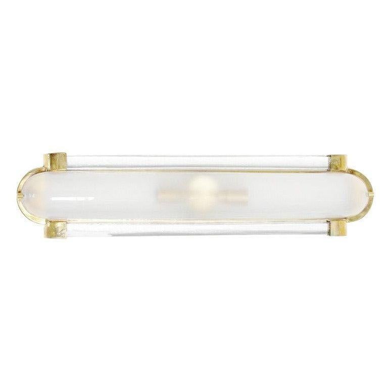 Italian Art Deco style wall light or flushmount shown in frosted Murano glass mounted on unlacquered natural brass frame / Designed by Fabio Bergomi for Fabio Ltd / Made in Italy
2 lights / E12 or E14 type / max 40W each
Measures: Height 27.5