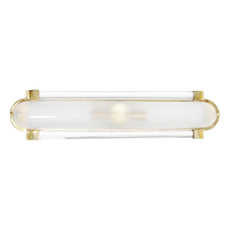 Italian Art Deco style wall light or flush mount shown in frosted Murano glass mounted on polished brass frame / Designed by Fabio Bergomi for Fabio Ltd / Made in Italy
2 lights / E12 or E14 type / max 40W each
Measures: Height 27.5 inches, width 6