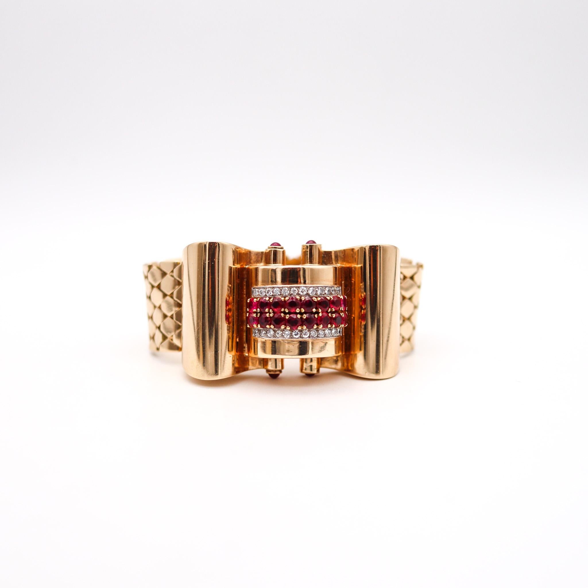 Retro Machin Alter geometrische Armbanduhr.

Fabelhafte Damenarmbanduhr, die in den späten 1930er Jahren in Amerika in der Übergangszeit zwischen Art déco und Retro entstand. Es wurde mit kühnen geometrischen Mustern aus dem Maschinenzeitalter als