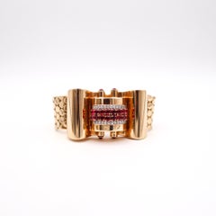 Deco Machine Age 1940 Wristwatch in 14k Gold with 5.54ctw Diamonds and Rubies