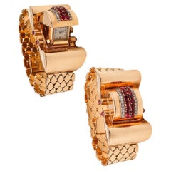 Deco Machine Age 1940 Wristwatch in 14k Gold with 5.54ctw Diamonds and Rubies