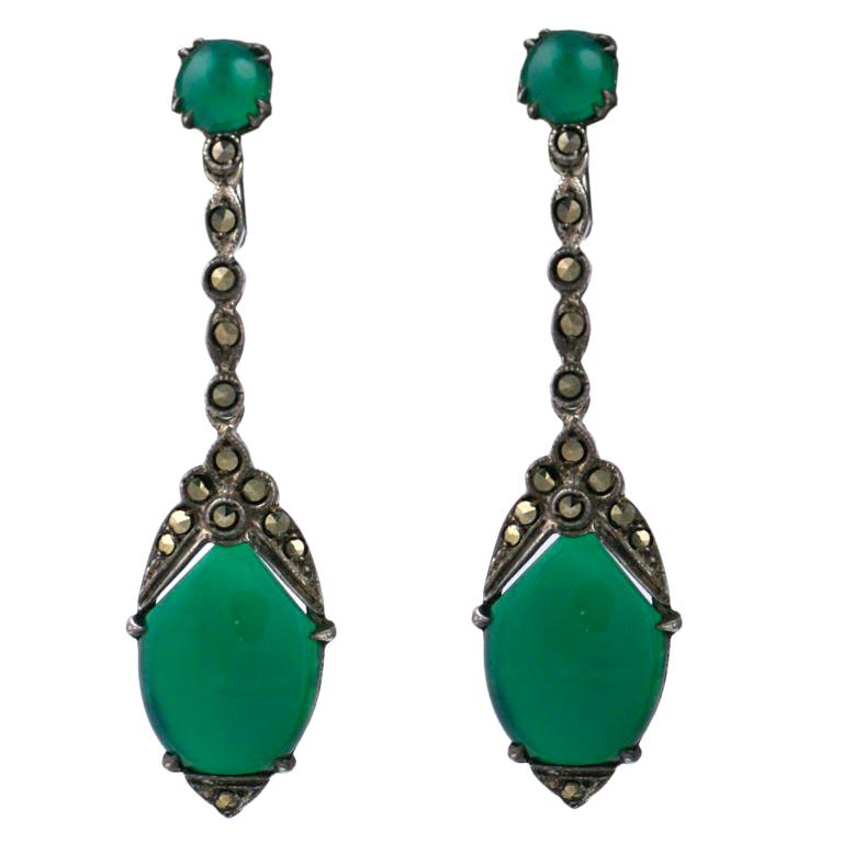 Deco Marcasite and Green Onyx Earrings