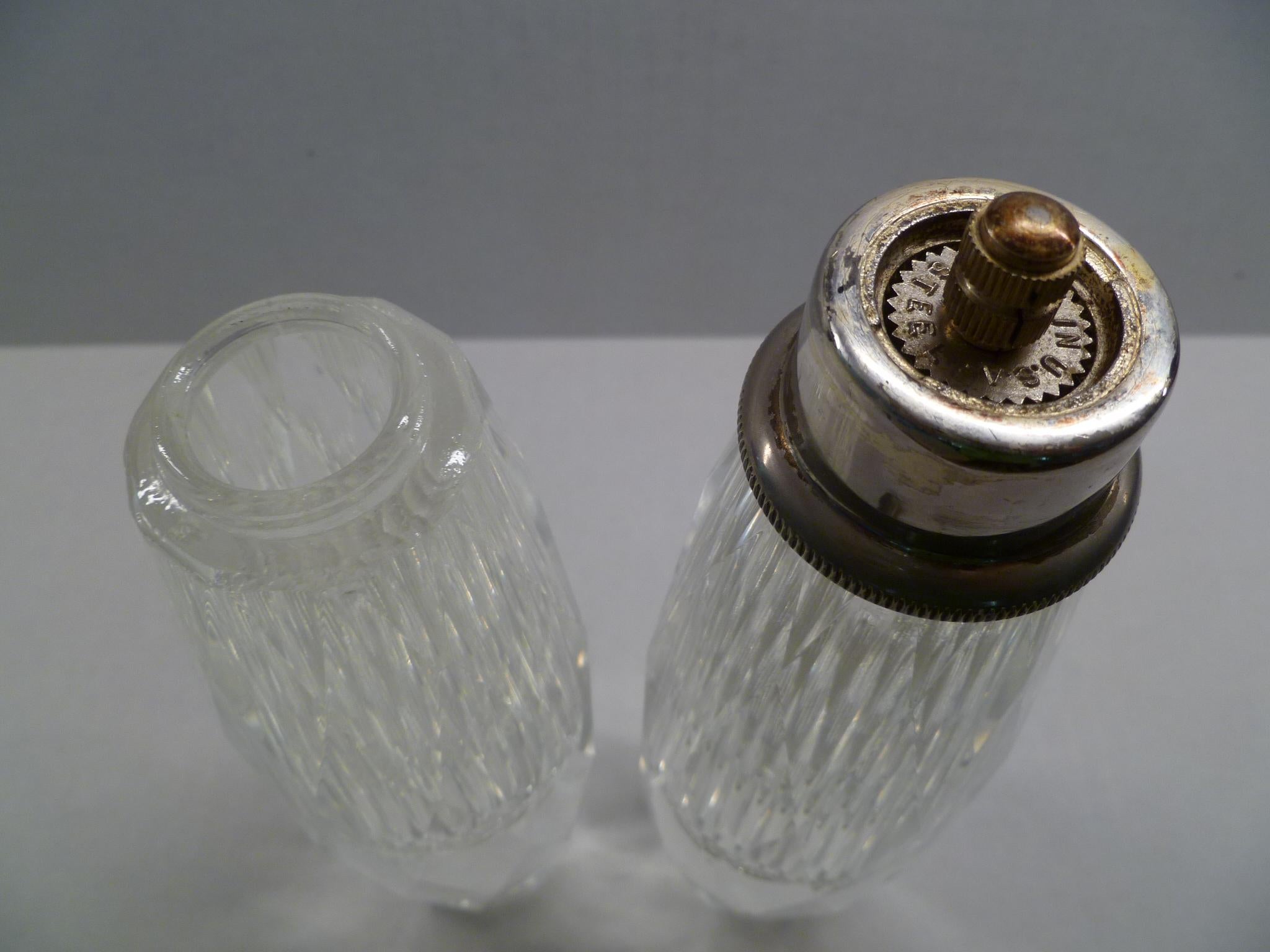 Mid-20th Century Deco Modern Cut Crystal Salt Shaker and Pepper Mill For Sale