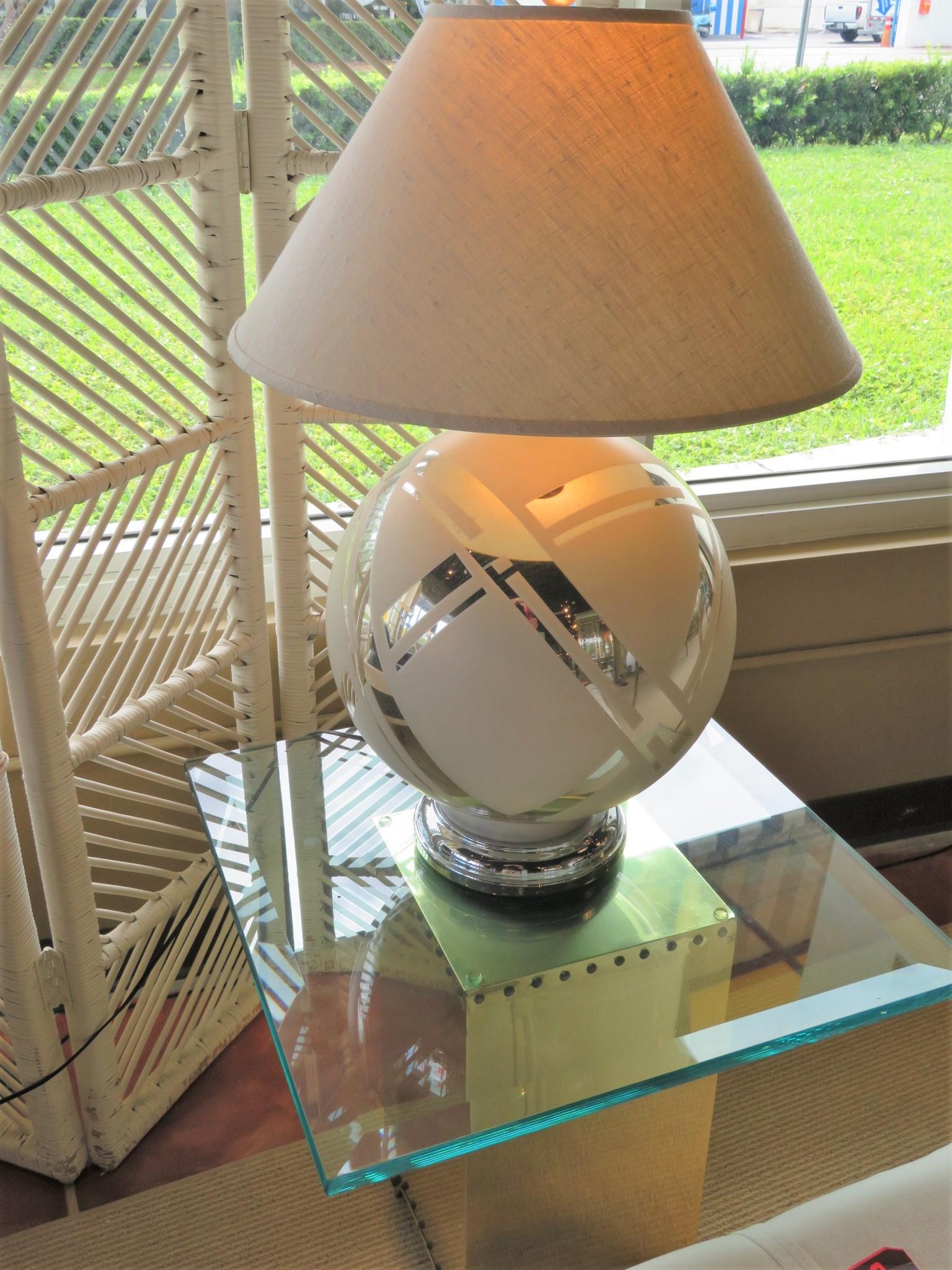 Metal Deco Modern Round Mirrored Glass Table Lamp 1970s