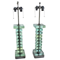 Deco /Modern Table Lamps, Sq Blocks of Acrylic Glass, Deluxe Socket Assy, pair