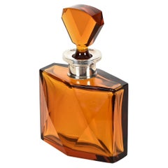Deco Multifaceted Orange Crystal Bottle with Silver Lid, Italy 1930s