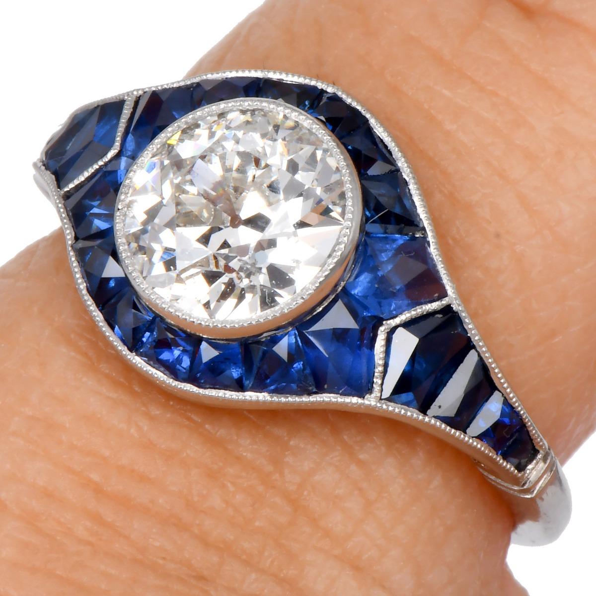 Donna Anello di fidanzamento Deco Old Cut Diamond 2.47cttw con zaffiro e aureola in platino in vendita