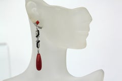Deco Onyx Platinum Diamond Coral Drop Earrings