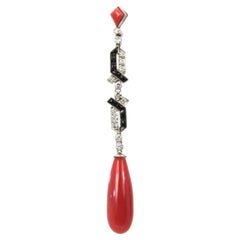 Deco Onyx Platinum Diamond Coral Drop Earrings