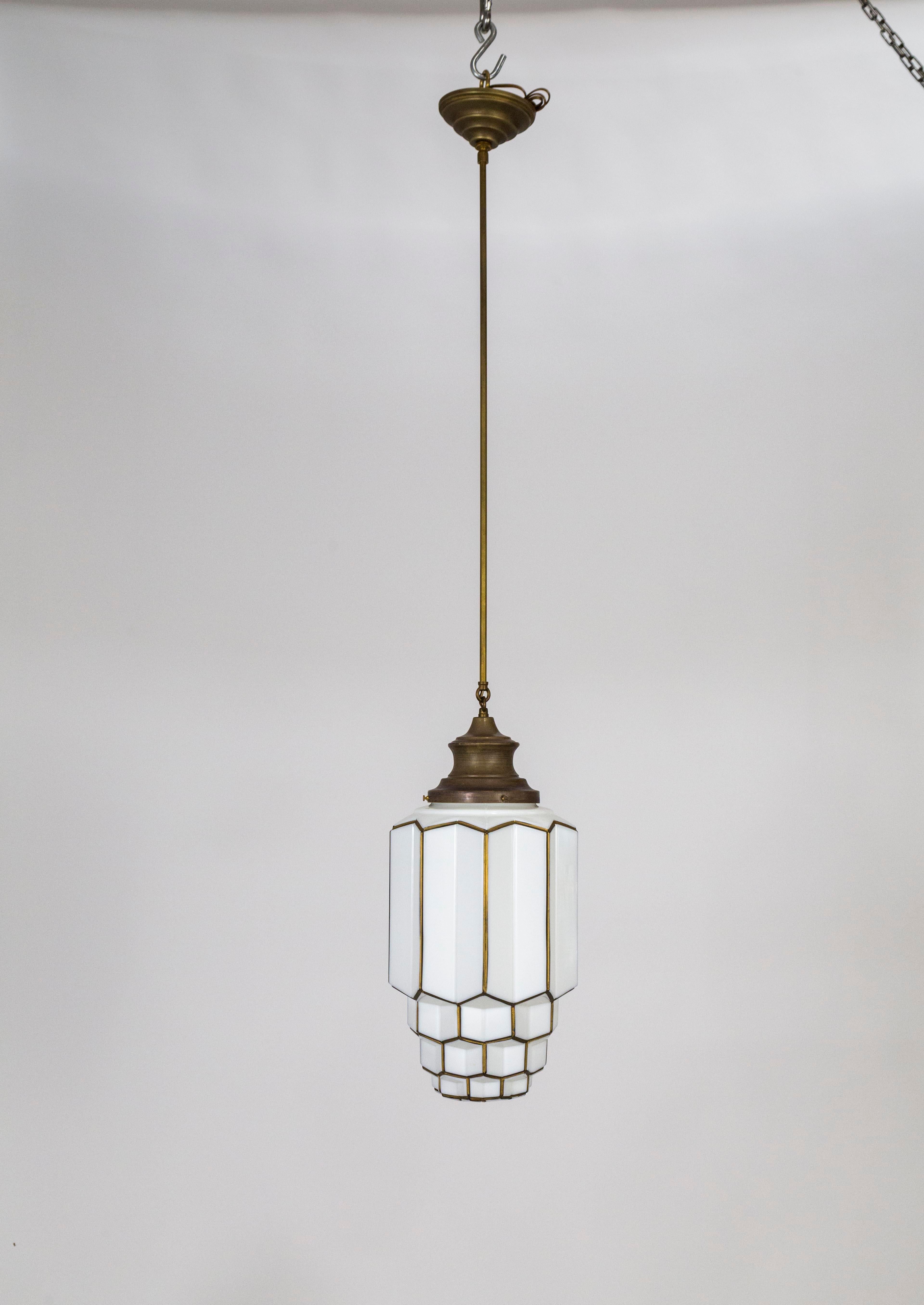Deco Outlined Milk Glass Honeycomb Skyscraper Pendant 2