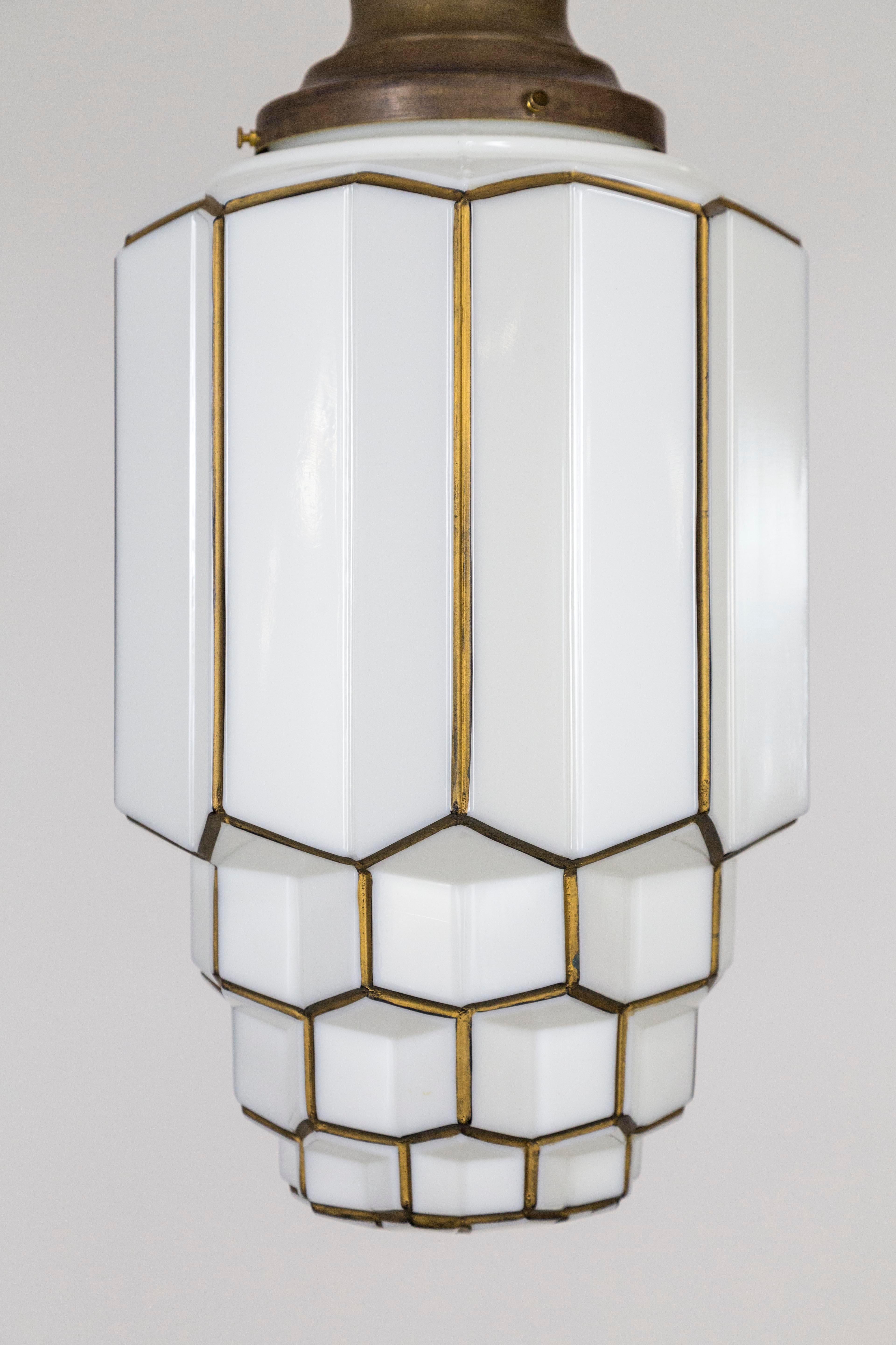 Art Deco Deco Outlined Milk Glass Honeycomb Skyscraper Pendant