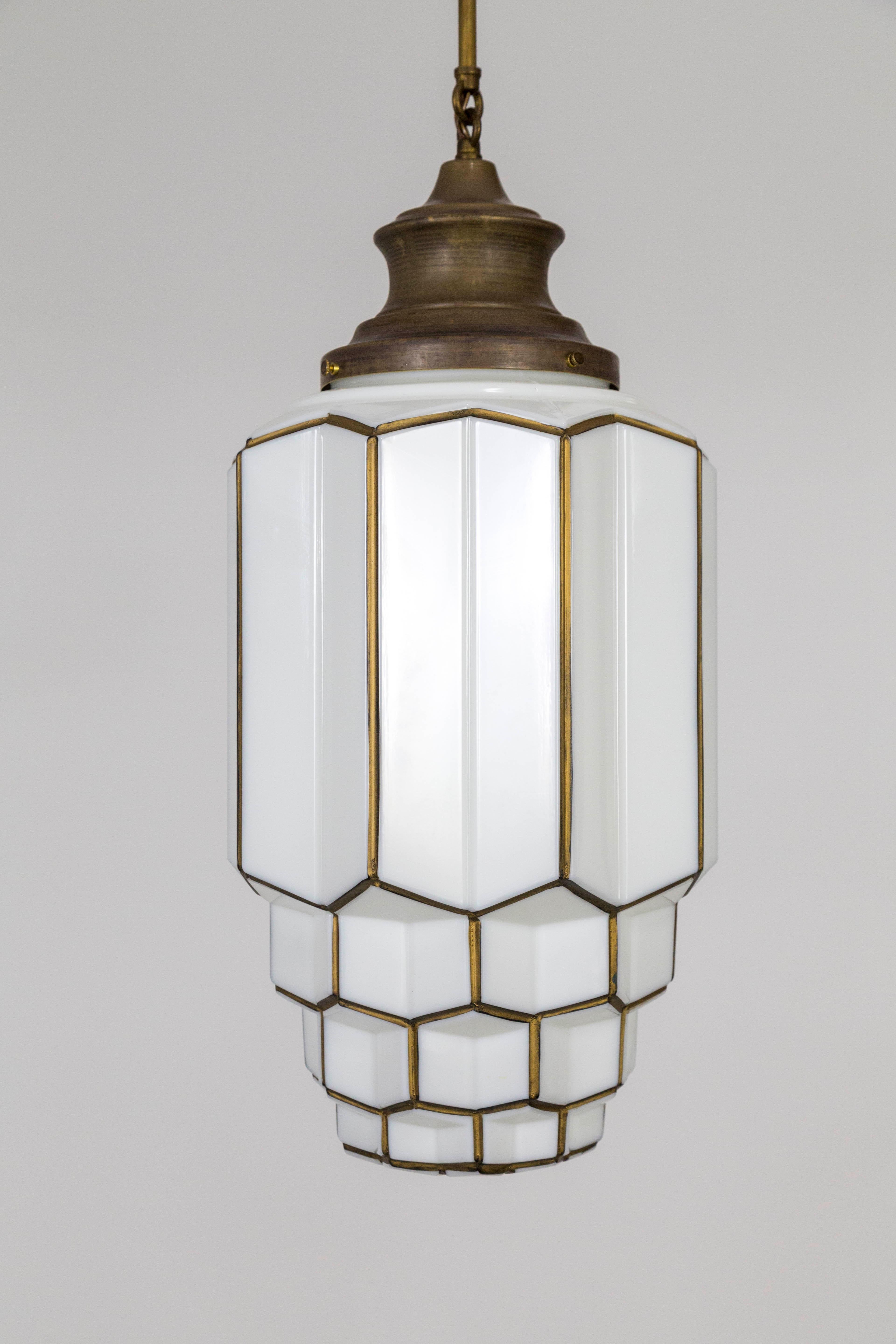 Mid-20th Century Deco Outlined Milk Glass Honeycomb Skyscraper Pendant