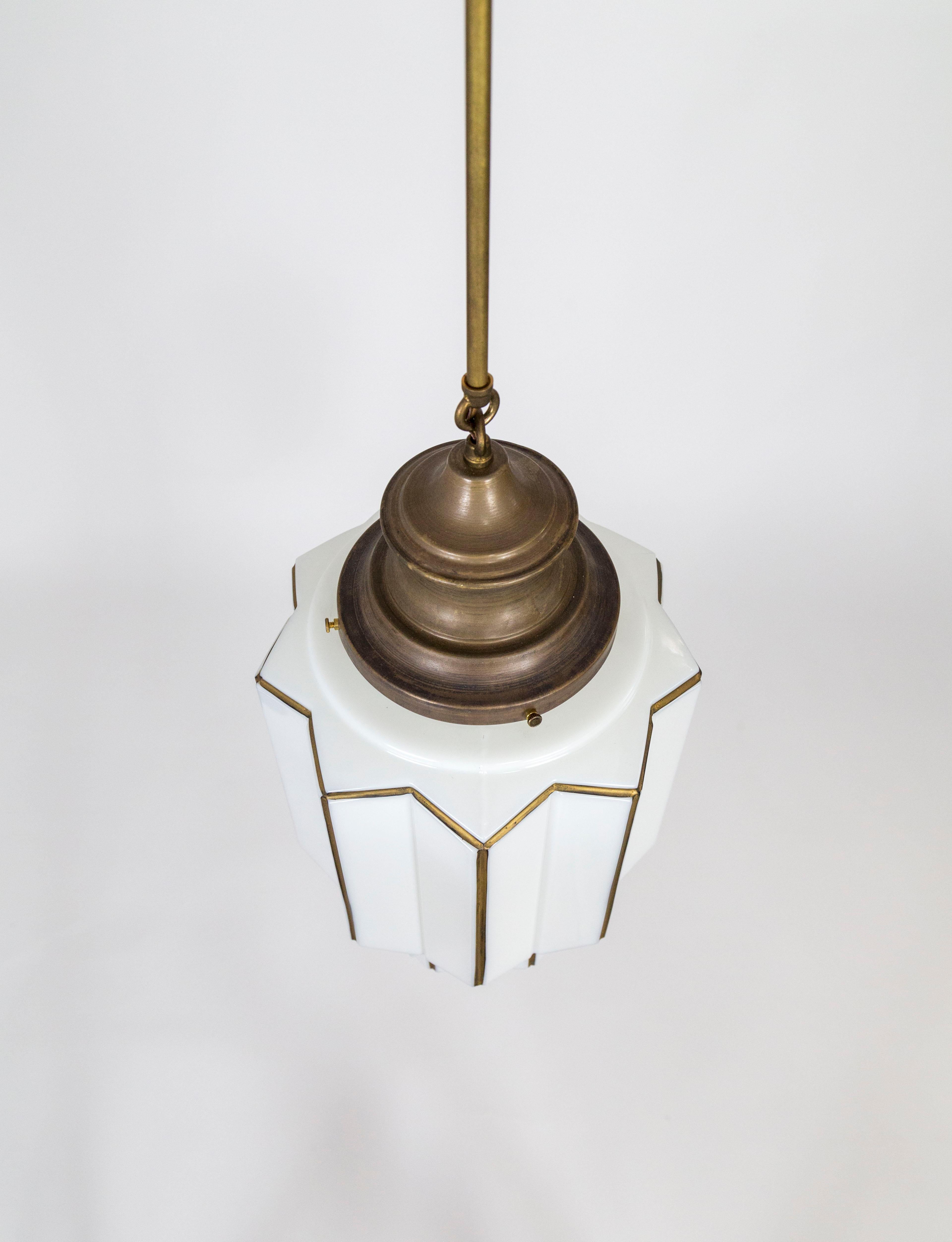 Brass Deco Outlined Milk Glass Honeycomb Skyscraper Pendant