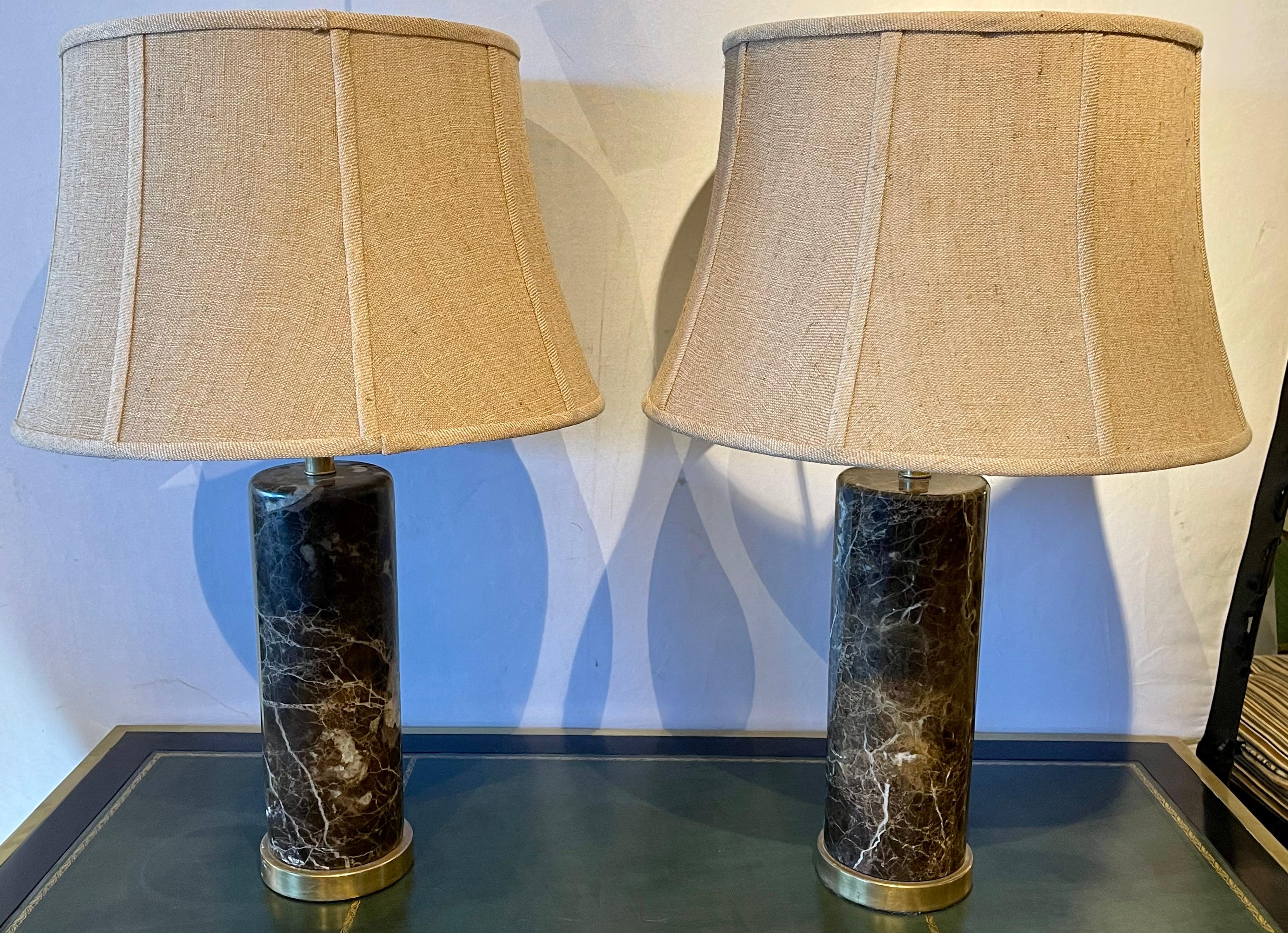 Mid-Century Modern Deco Pair of Brass Base Marble Cylindrical Form Table Lamps with Finials