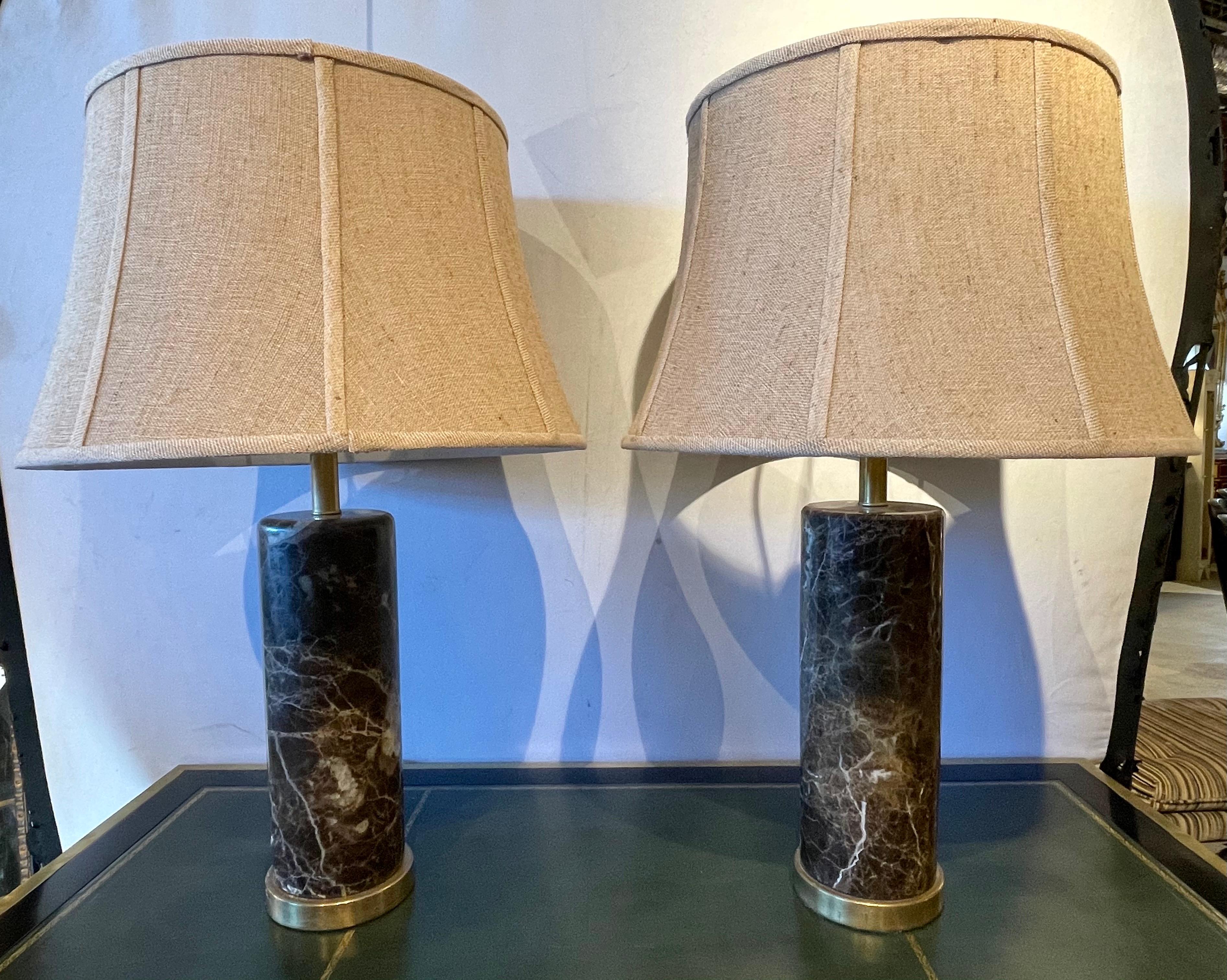 Deco Pair of Brass Base Marble Cylindrical Form Table Lamps with Finials In Good Condition In Stamford, CT