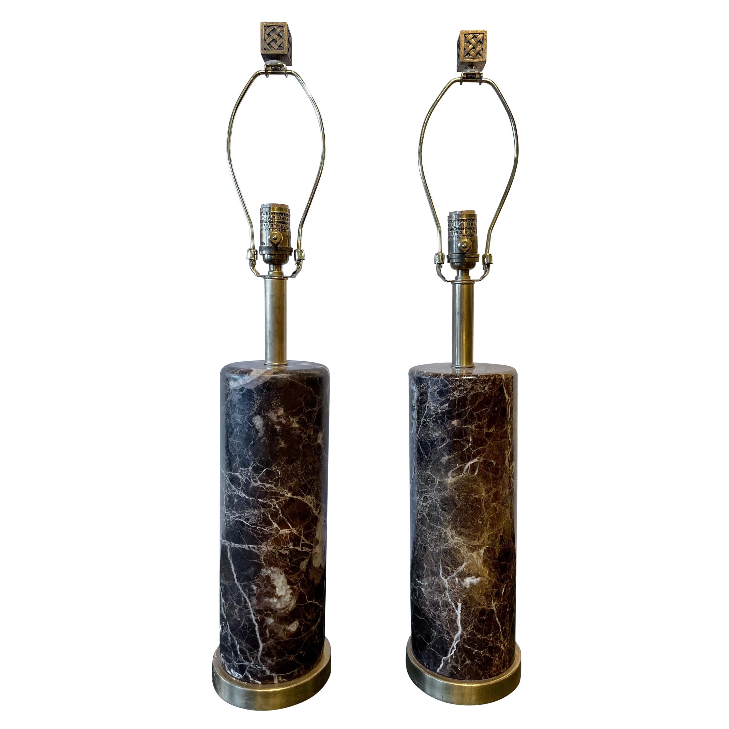 Deco Pair of Brass Base Marble Cylindrical Form Table Lamps with Finials