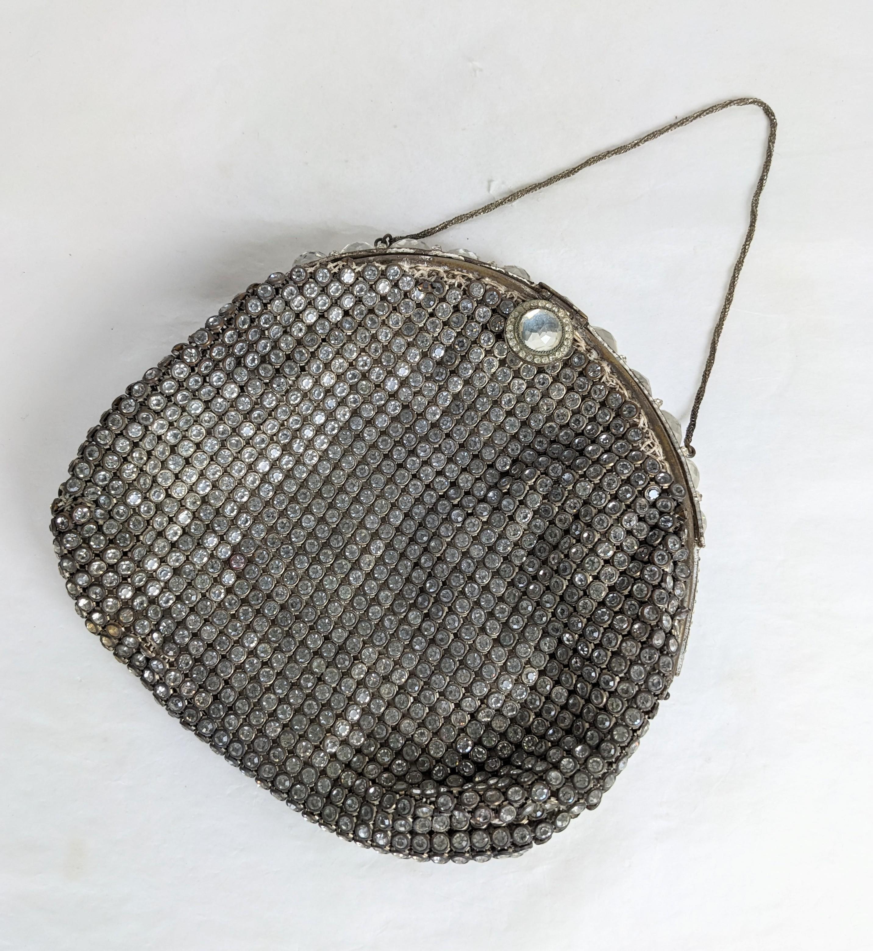 Elegant Deco Pave Purse with Rose Cut Crystal Frame from the 1940's. Mesh of bezel set crystals with a frame set with graduated rose cut crystals. Satin lining. Even patination on stones. 1940's. 
6