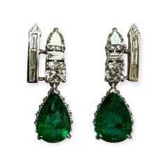 Deco Pear shaped emeralds and double row mixed shape diamond earrings white gold