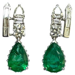 Deco Pear shaped emeralds and double row mixed shape diamond earrings white gold