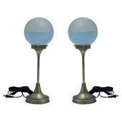 Deco Period Art Glass Shade Table Lamps on Brass Stems
