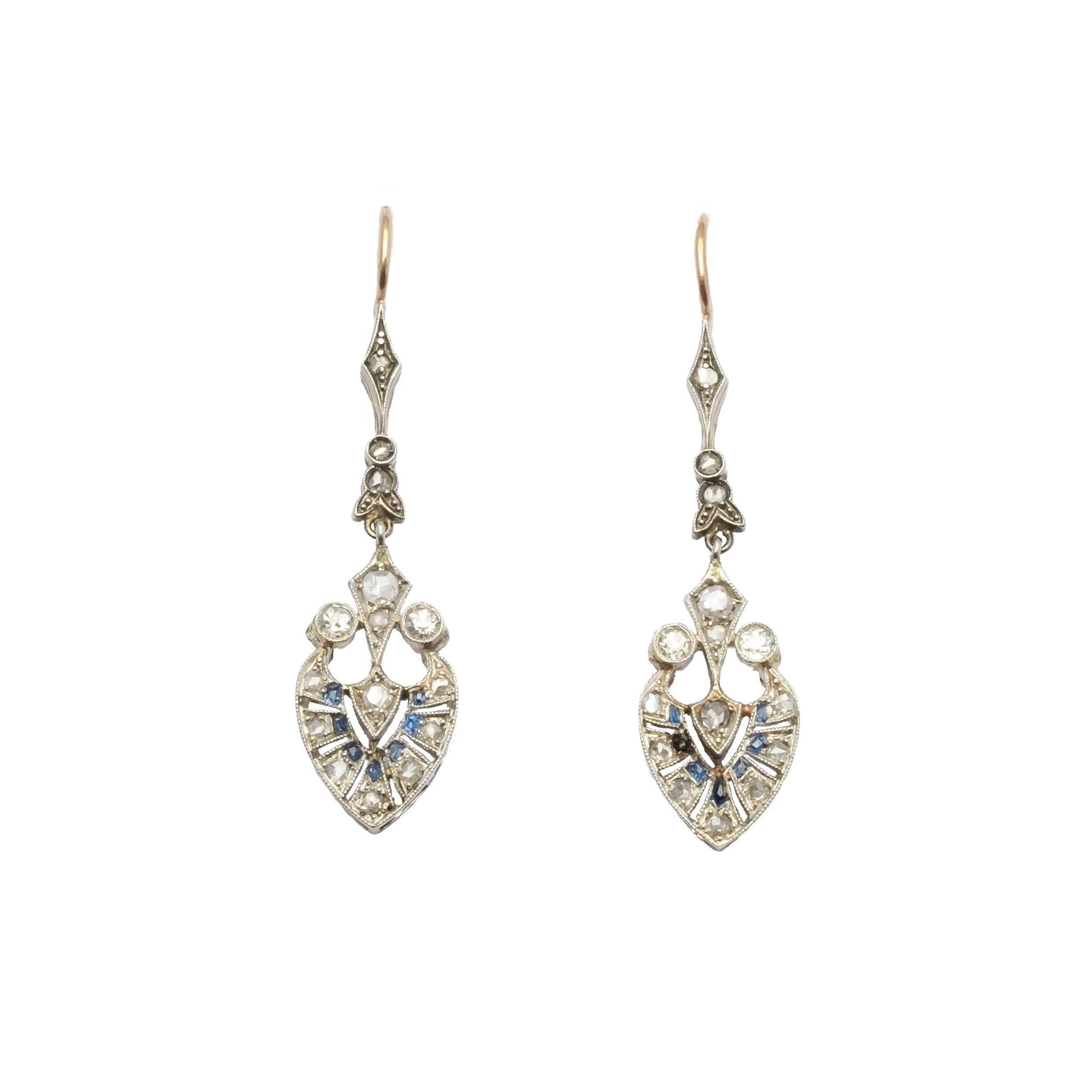 Old European Cut Deco period sapphire and diamond drop earrings For Sale