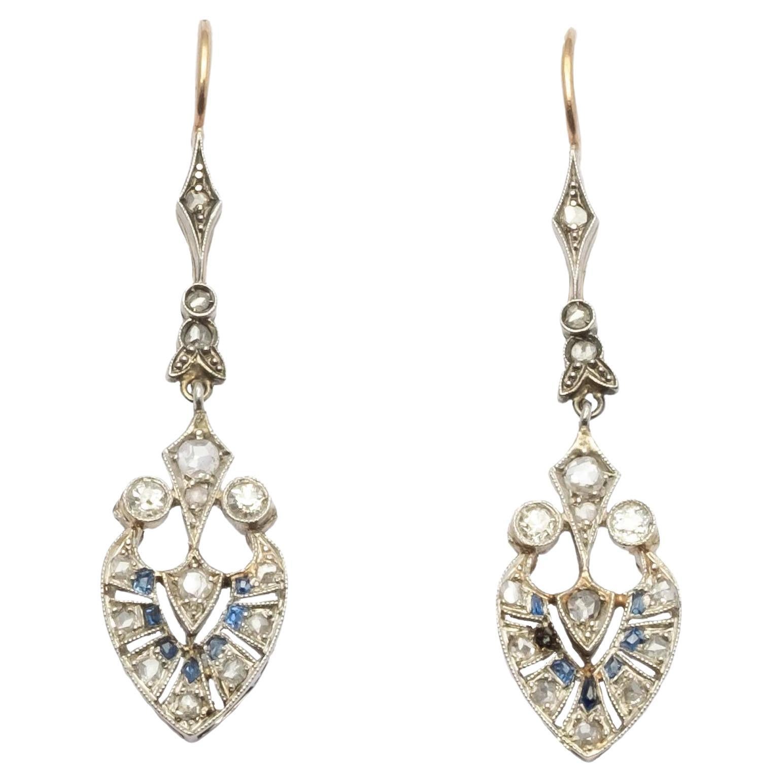 Deco period sapphire and diamond drop earrings