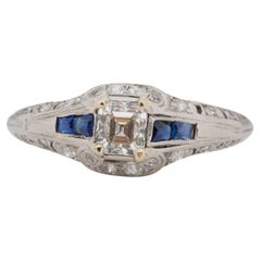 Deco Plat .50 Ct Asscher Cut Diamond w/ Sapphires Engagement Ring, #1900722245