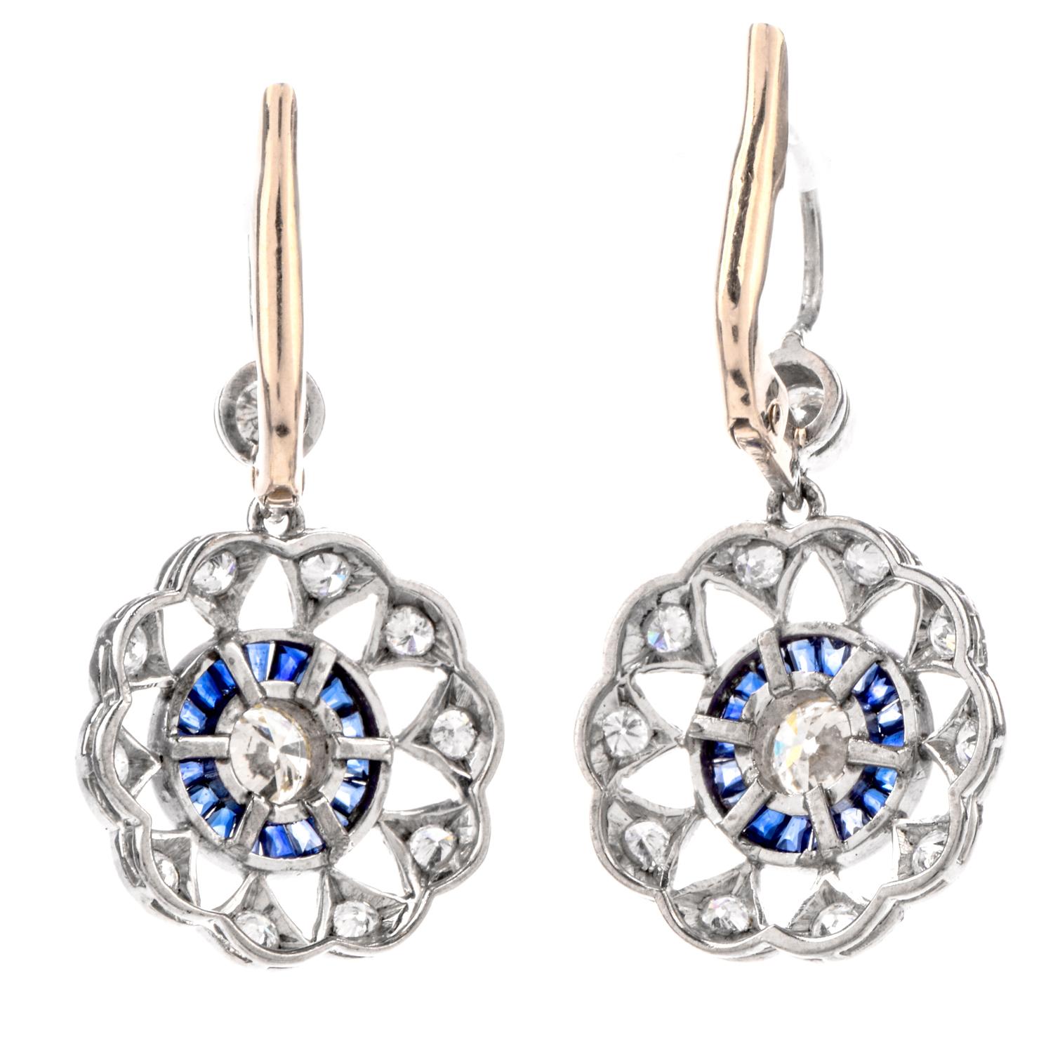 Art Deco Deco Platinum Diamond and Sapphire Pinwheel Halo Earrings