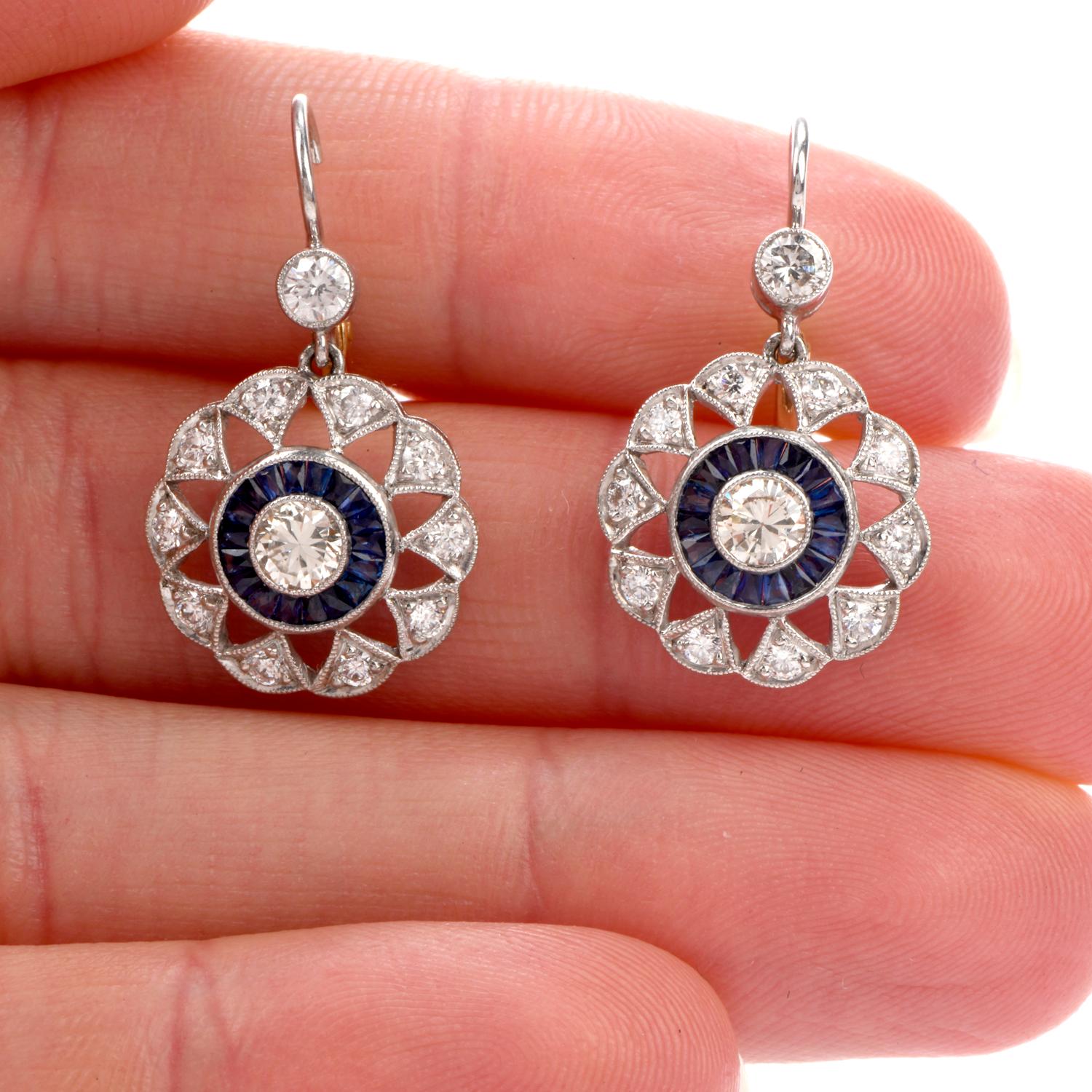 Deco Platinum Diamond and Sapphire Pinwheel Halo Earrings In Excellent Condition In Miami, FL