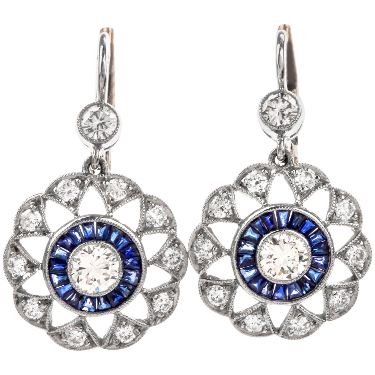Deco Platinum Diamond and Sapphire Pinwheel Halo Earrings