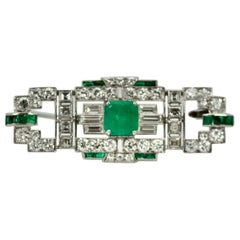 Deco Platinum Emerald Diamond Brooch
