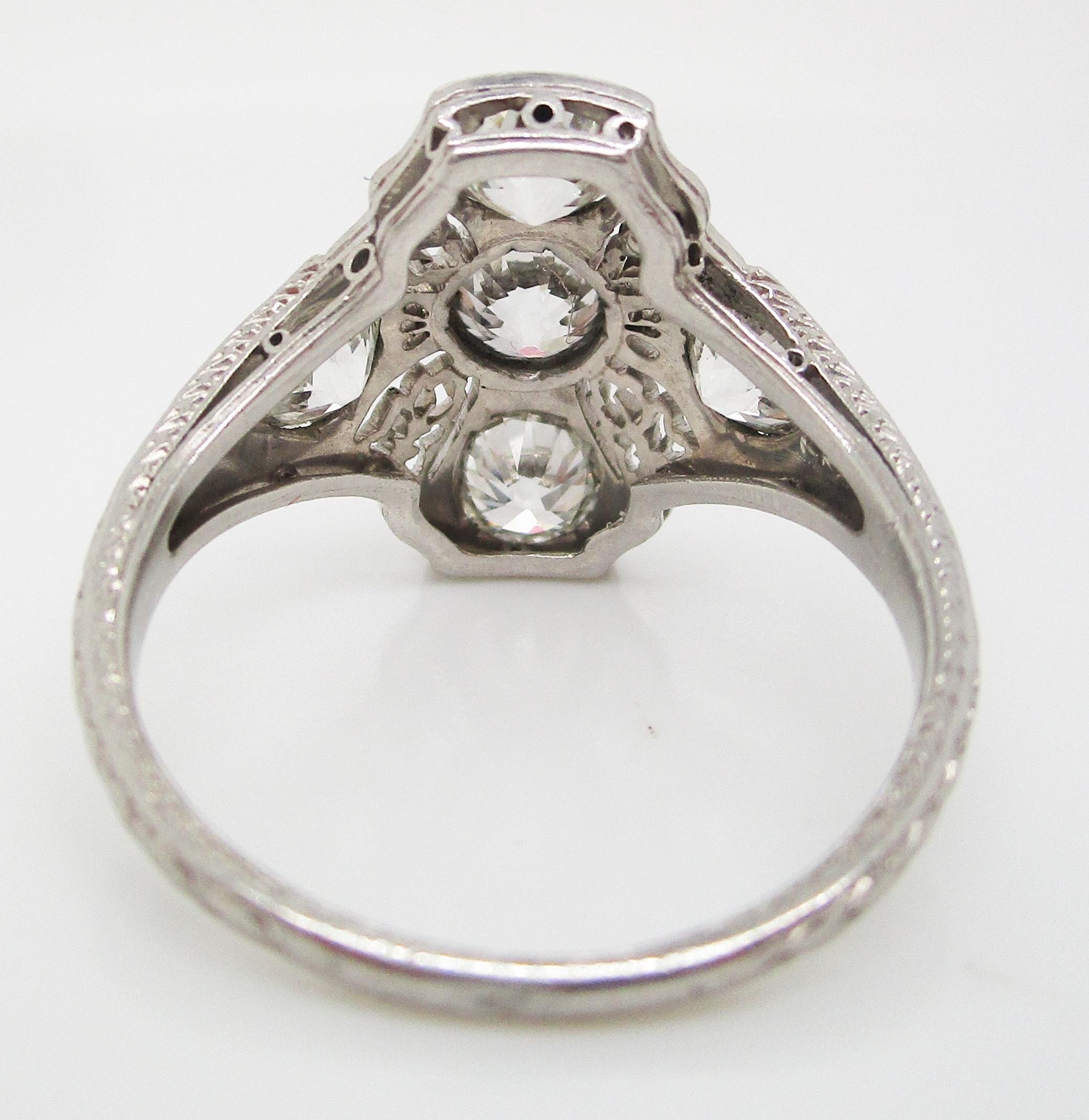 Deco Platinum Filigree 3 Cts. of European Cut Diamond Ring Size 8.5 For Sale 2