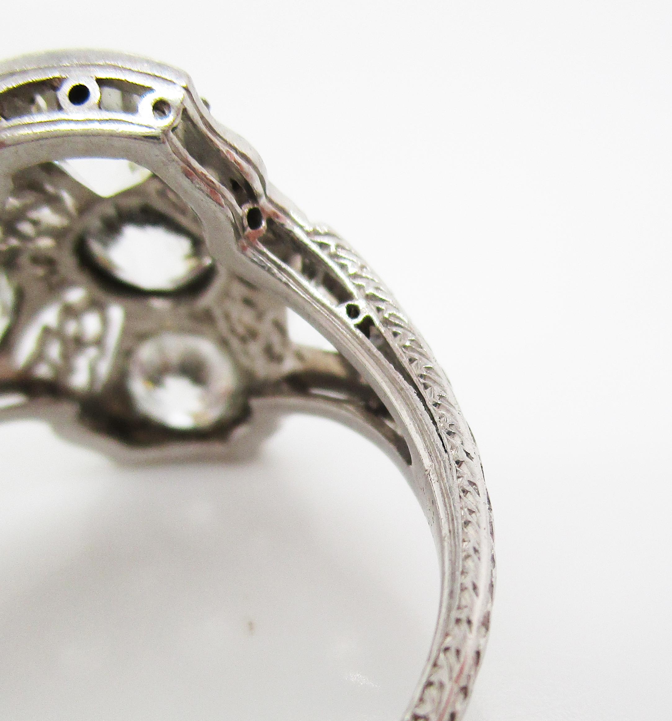 Deco Platinum Filigree 3 Cts. of European Cut Diamond Ring Size 8.5 For Sale 1