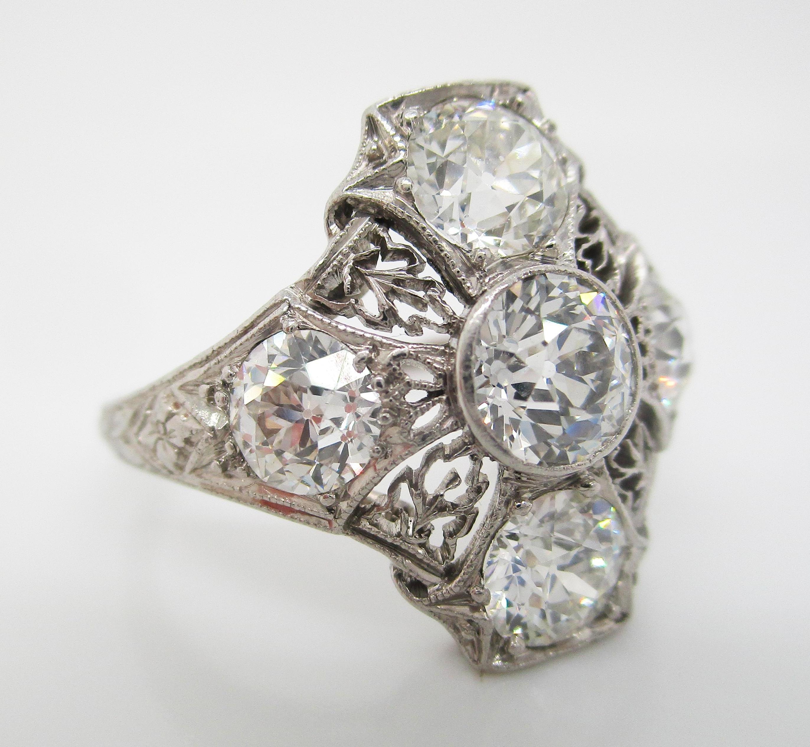 Art Deco Deco Platinum Filigree 3 Cts. of European Cut Diamond Ring Size 8.5 For Sale