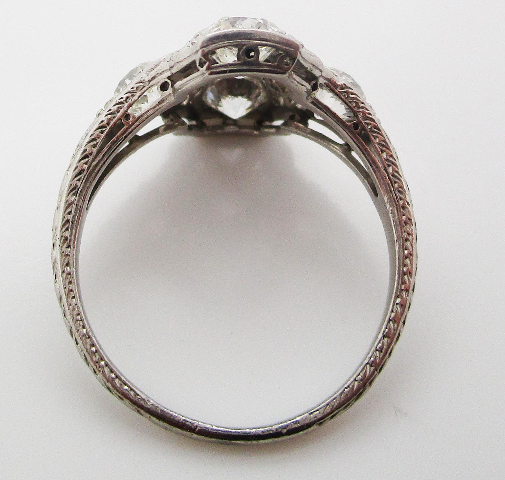 Women's Deco Platinum Filigree 3 Cts. of European Cut Diamond Ring Size 8.5 For Sale