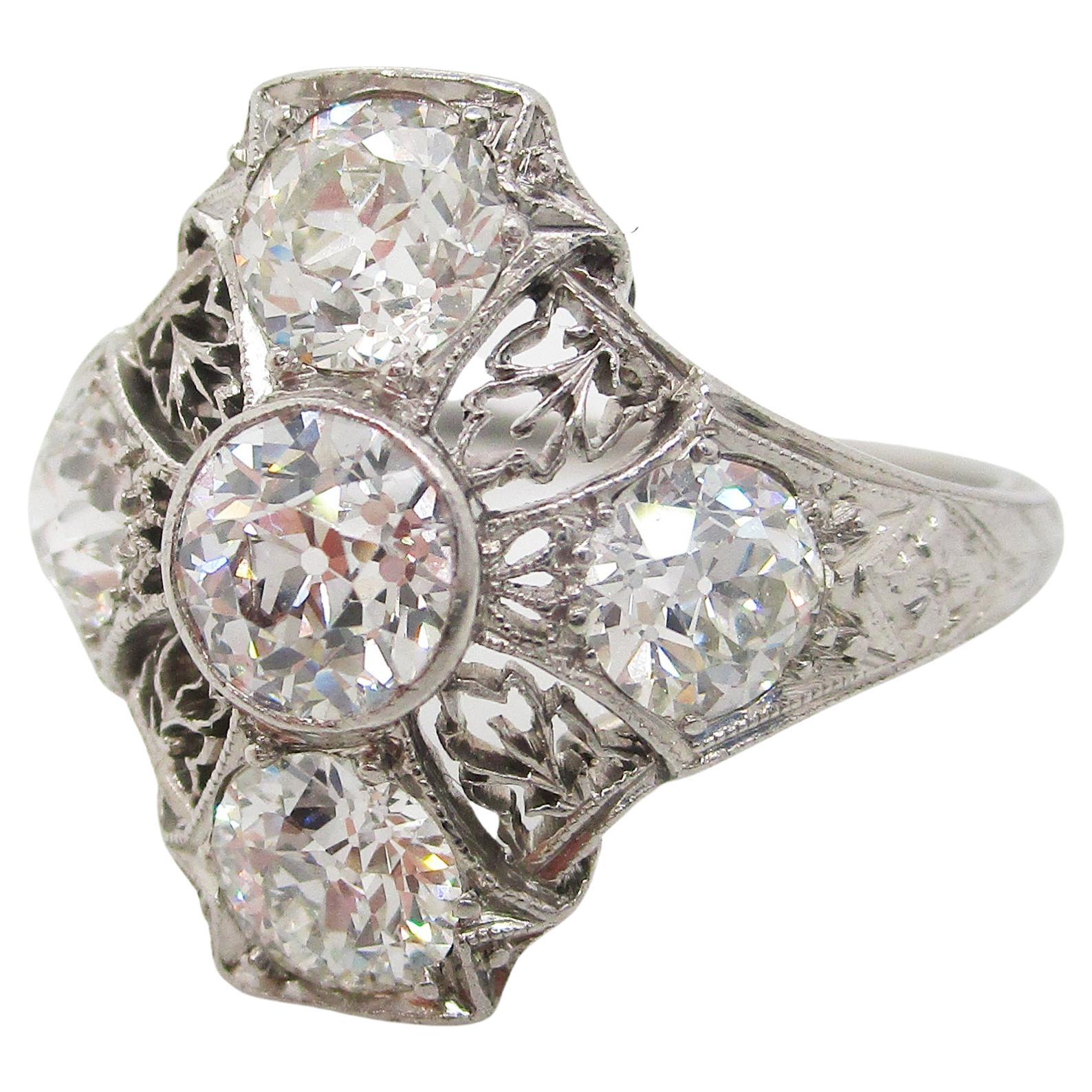 Deco Platinum Filigree 3 Cts. of European Cut Diamond Ring Size 8.5 For Sale