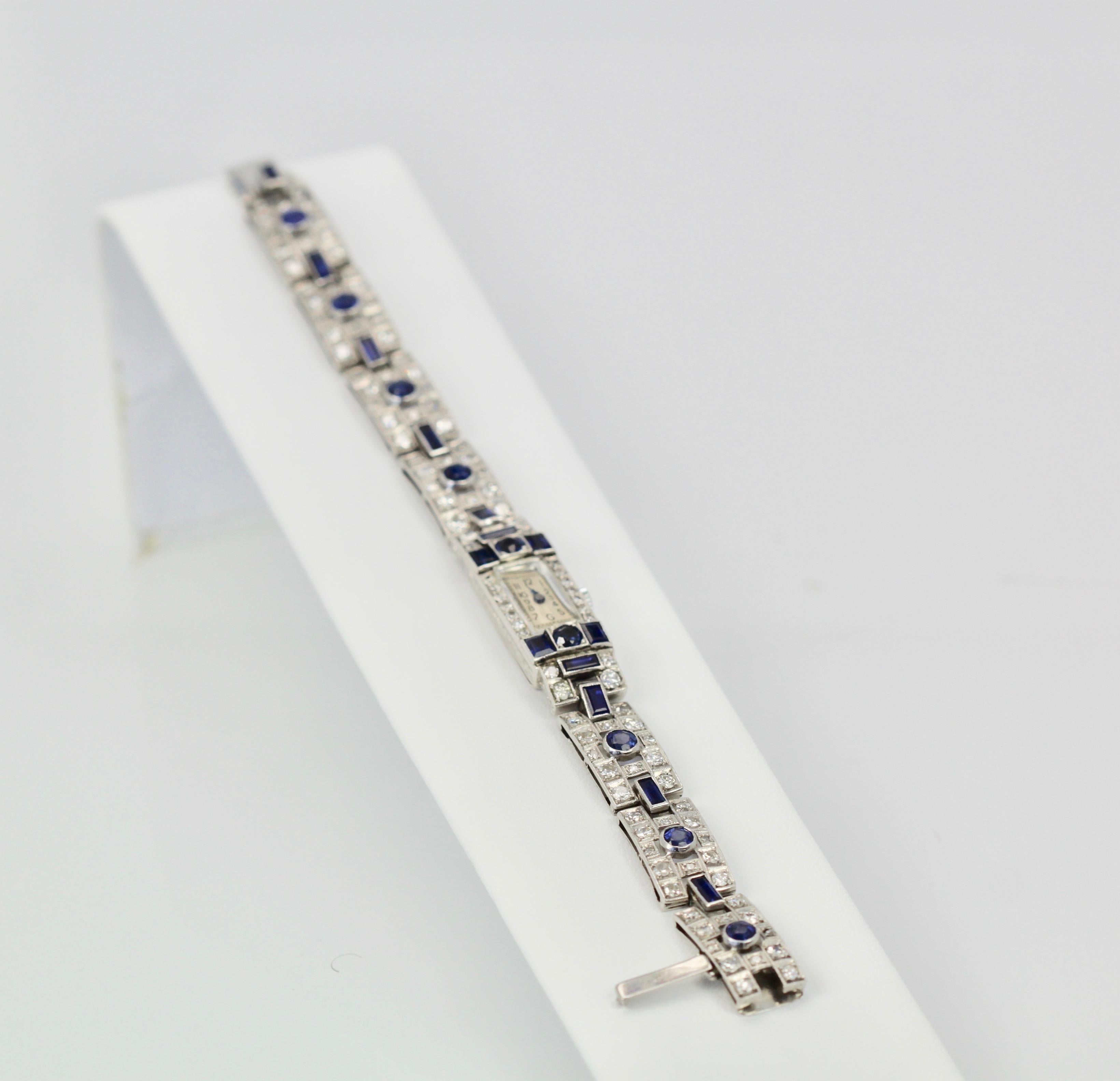 This Platinum Deco Sapphire Diamond Bracelet watch is 6 1/4