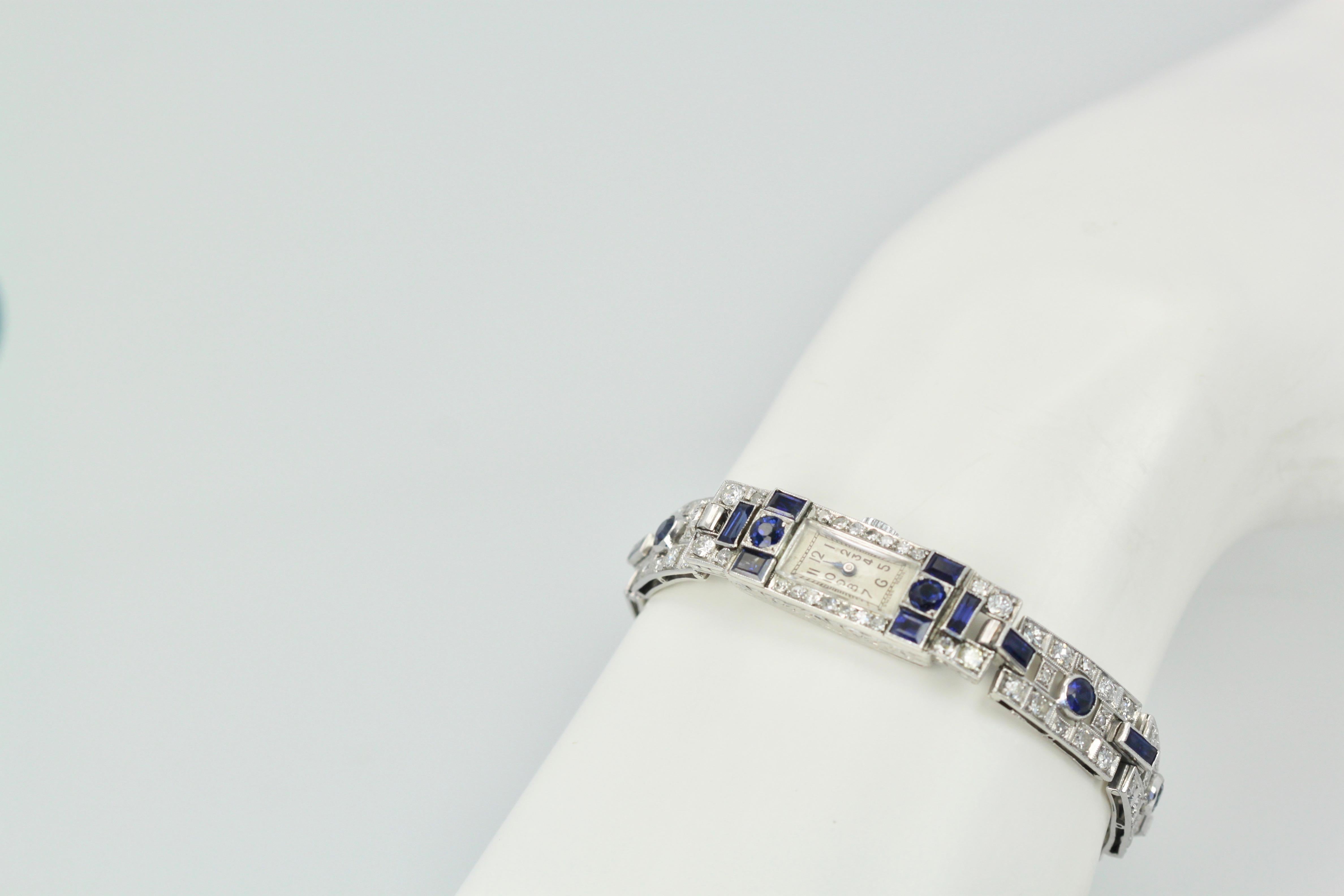 Deco Platinum Sapphire Diamond Bracelet Watch, circa 1920 6