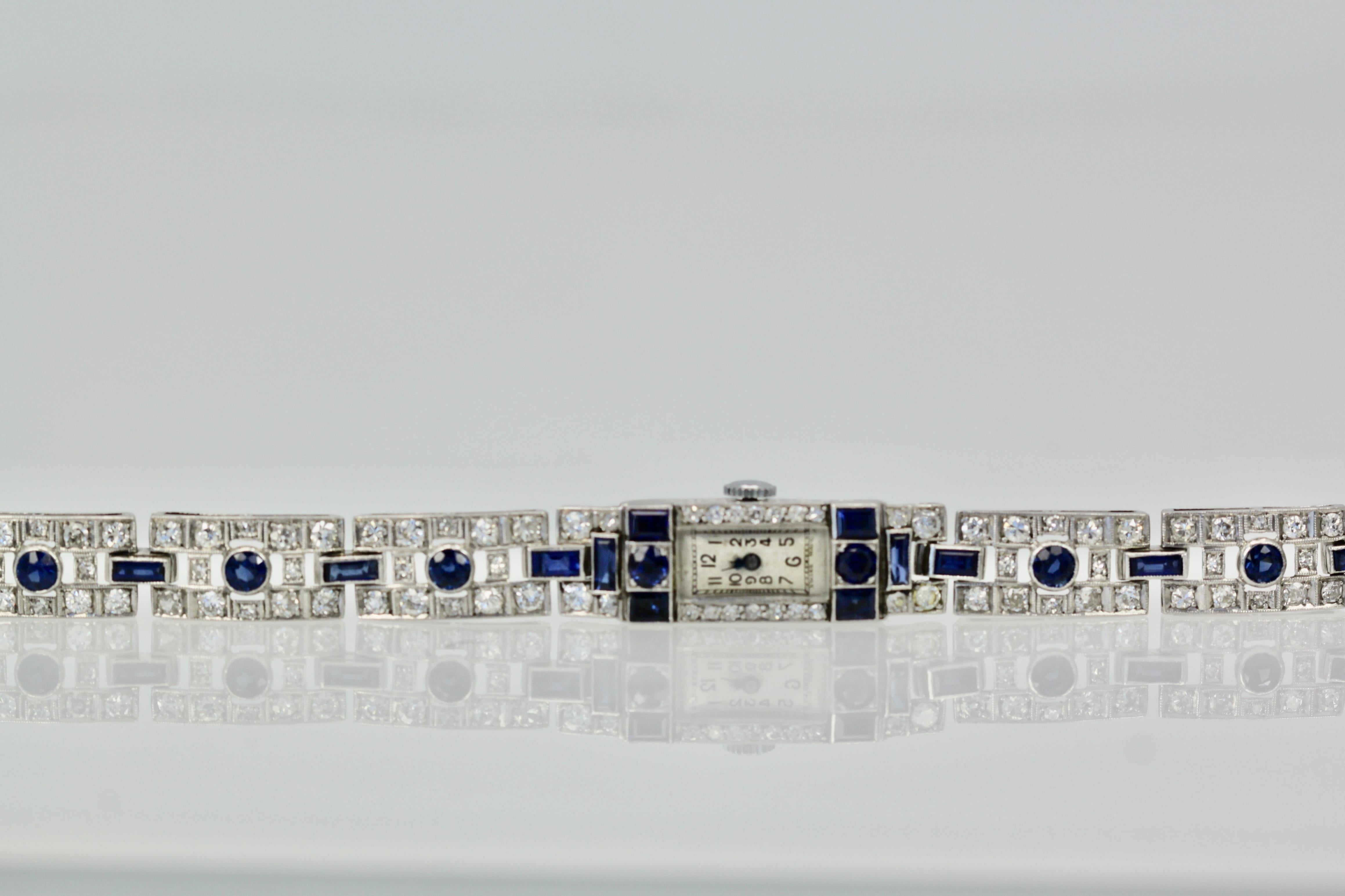 Deco Platinum Sapphire Diamond Bracelet Watch, circa 1920 7