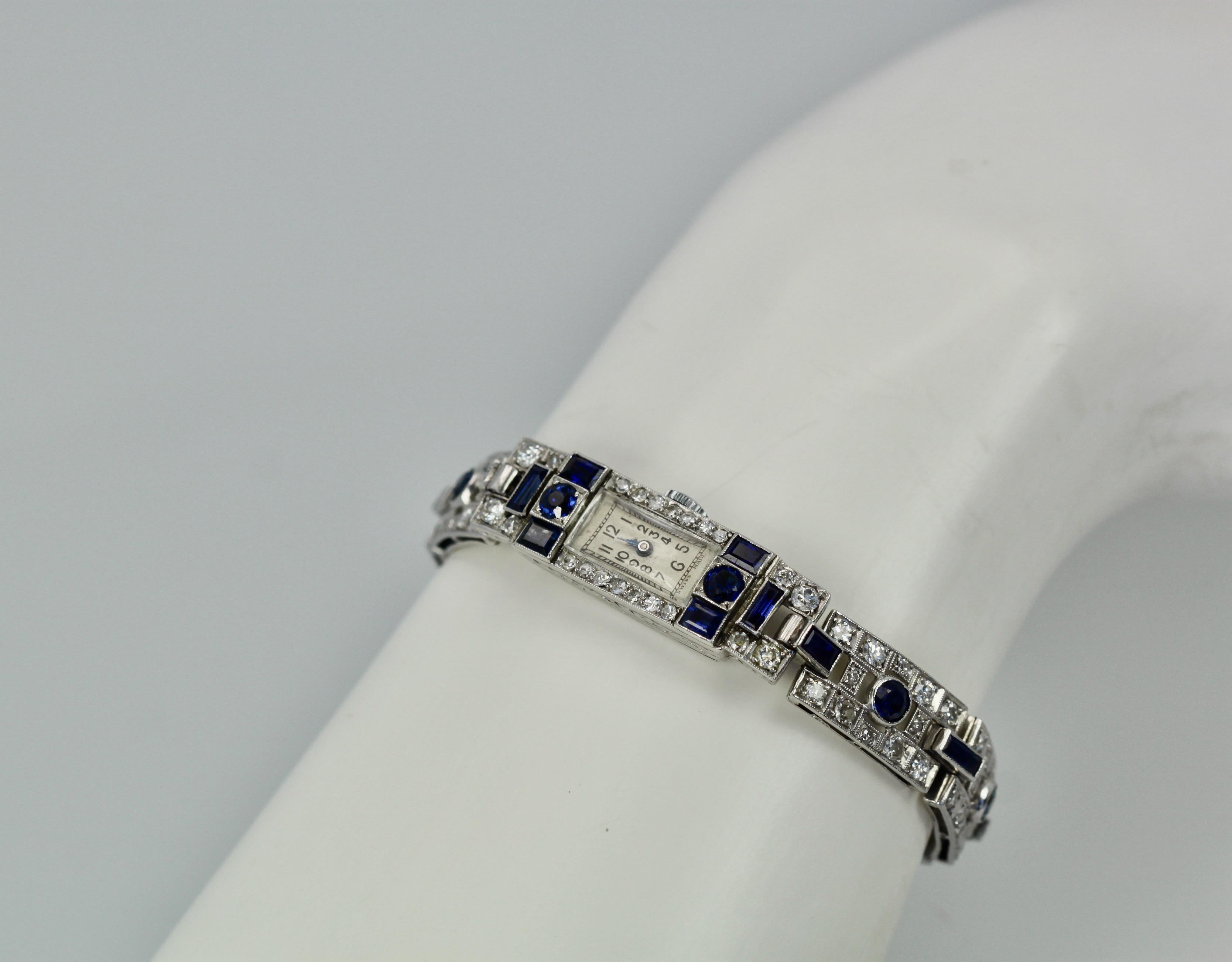 Art Deco Deco Platinum Sapphire Diamond Bracelet Watch, circa 1920